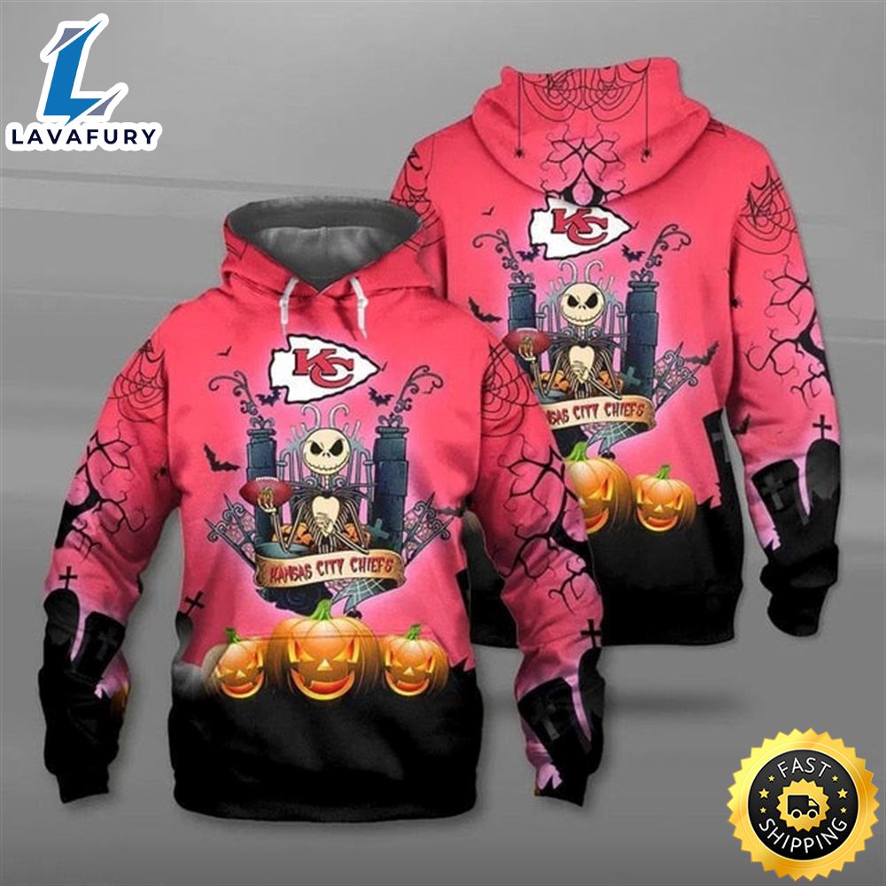 Kansas City Chiefs Halloween With Jack Skellington Pink Super Bowl 3d Pullover Hoodie