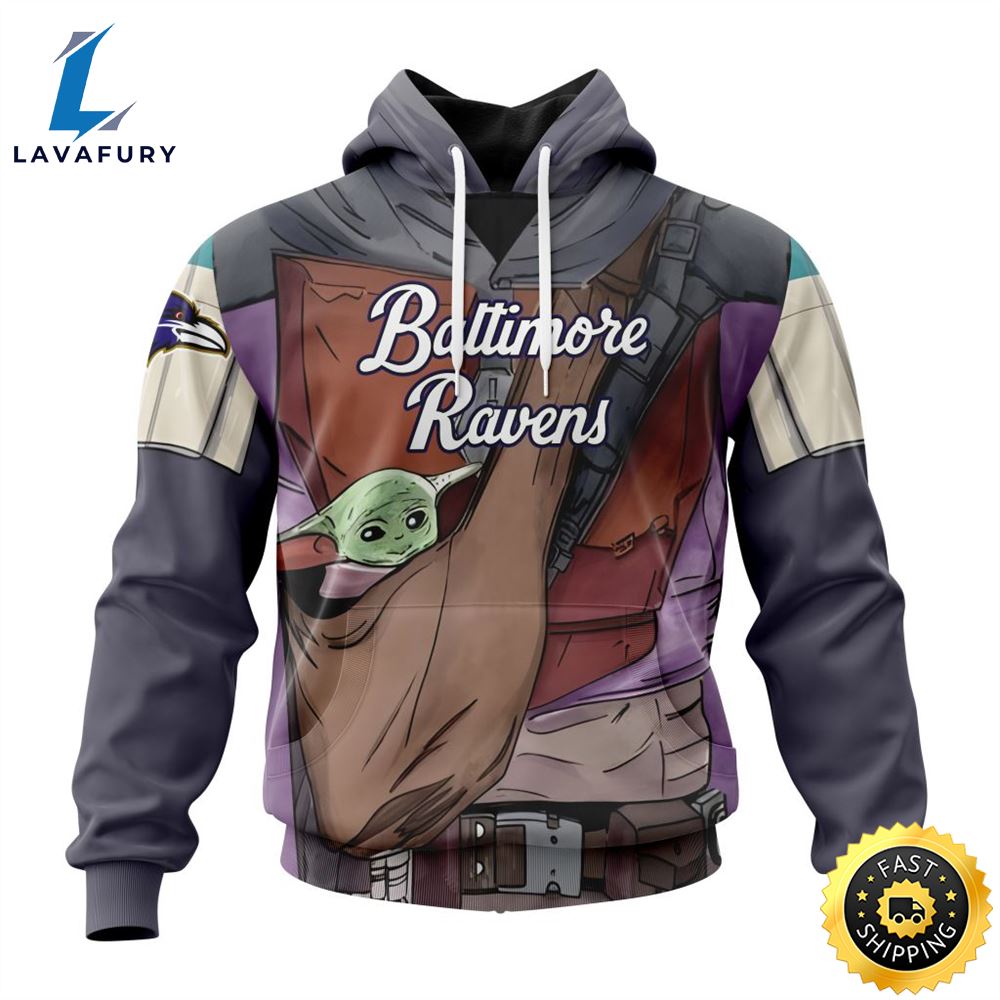 NFL Baltimore Ravens Custom Name Number Mandalorian And Baby Yoda Pullover Hoodie