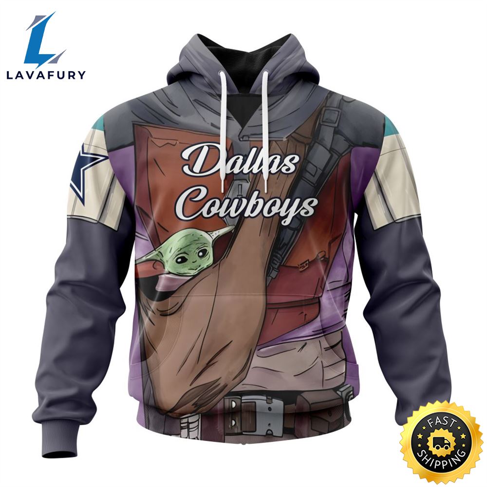NFL Dallas Cowboys Custom Name Number Mandalorian And Baby Yoda Pullover Hoodie