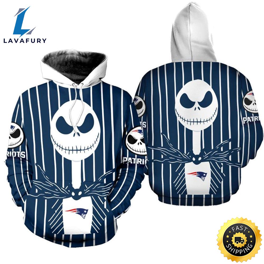 New England Patriots Halloween Jack Skellington White Navy Super Bowl 3d Pullover Hoodie
