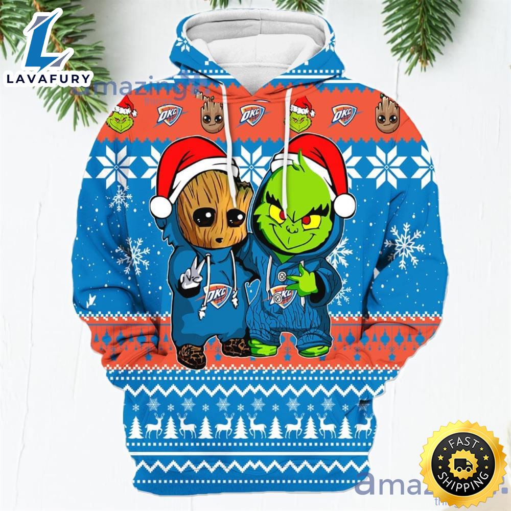 Oklahoma City Thunder Baby Groot And Grinch Best Friends New Trends Christmas Gift 3d Hoodie For Men And