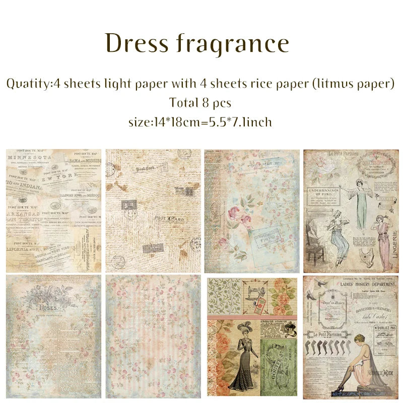 8PC Vintage Junk Journal Paper Pad, Rice Paper Style, 4 Tracing+4 Matte, 14x18cm, 7 Patterns for Scrapbooking, DIY Card Pattern
