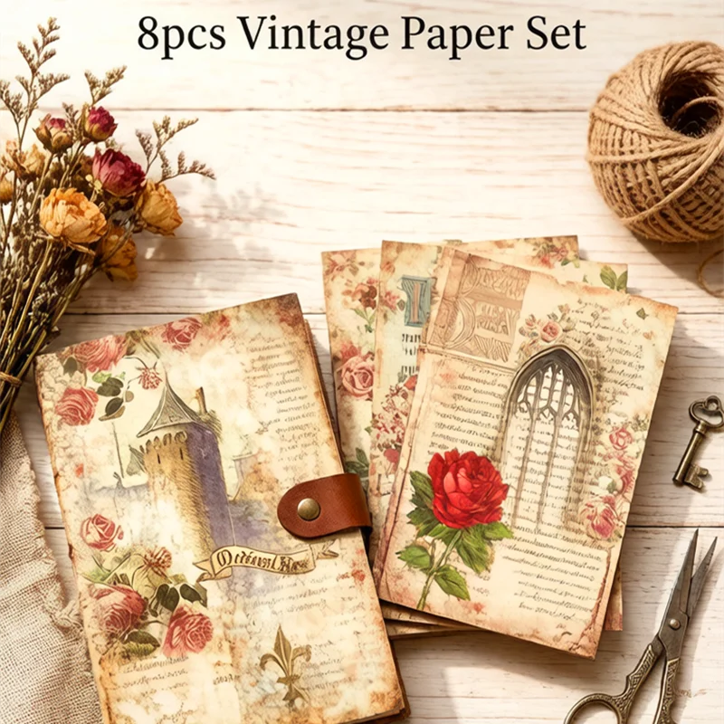 8PC Vintage Junk Journal Paper Pad, Rice Paper Style, 4 Tracing+4 Matte, 14x18cm, 7 Patterns for Scrapbooking, DIY Card Pattern