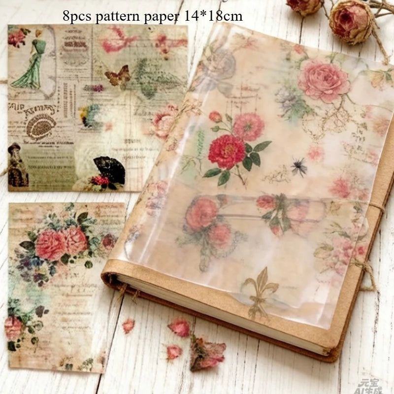 8PC Vintage Junk Journal Paper Pad, Rice Paper Style, 4 Tracing+4 Matte, 14x18cm, 7 Patterns for Scrapbooking, DIY Card Pattern