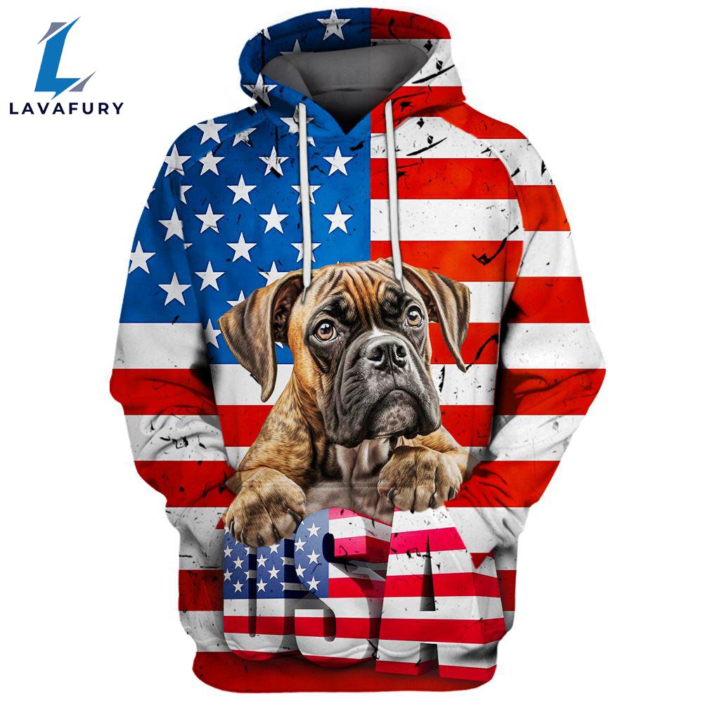 Boxer Dog 3 3D Face Graphic Premium America Flag Hoodie For Lover Dogs